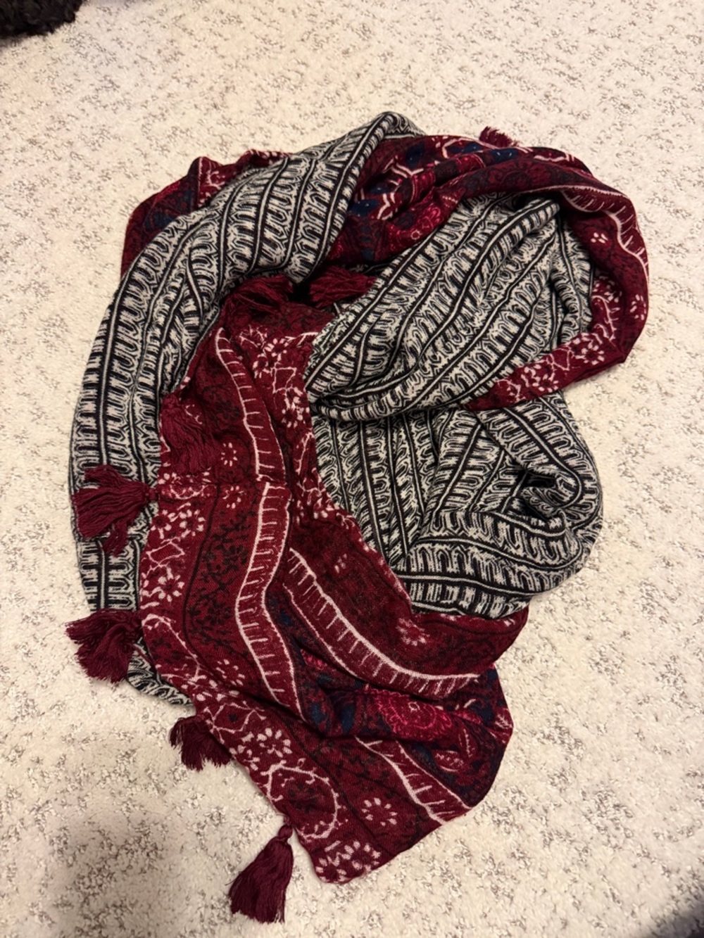 Boho Tassel Patterned Infiniti Scarf Wrap in Burgundy and Black